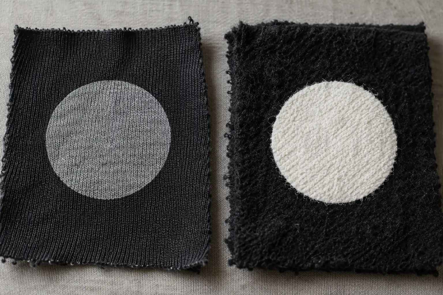 Fabric swatches with contrasting print finishes arranged for comparison