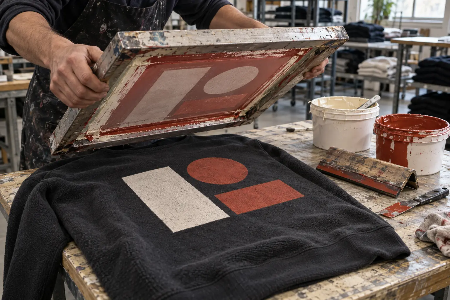 Print technician inspecting a small screen print trial on a sampling table