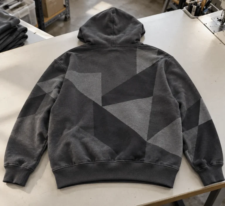 Photorealistic apparel workshop documentary photograph of a finished charcoal hoodie laid flat on a clean inspection ben