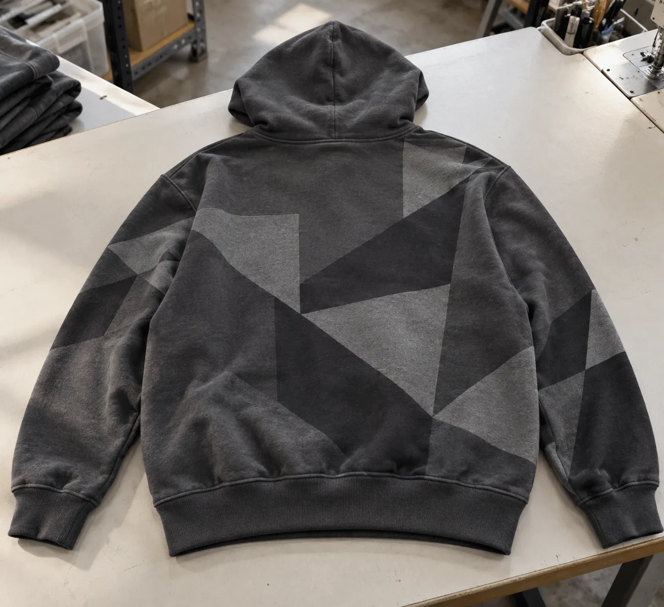 Photorealistic apparel workshop documentary photograph of a finished charcoal hoodie laid flat on a clean inspection ben