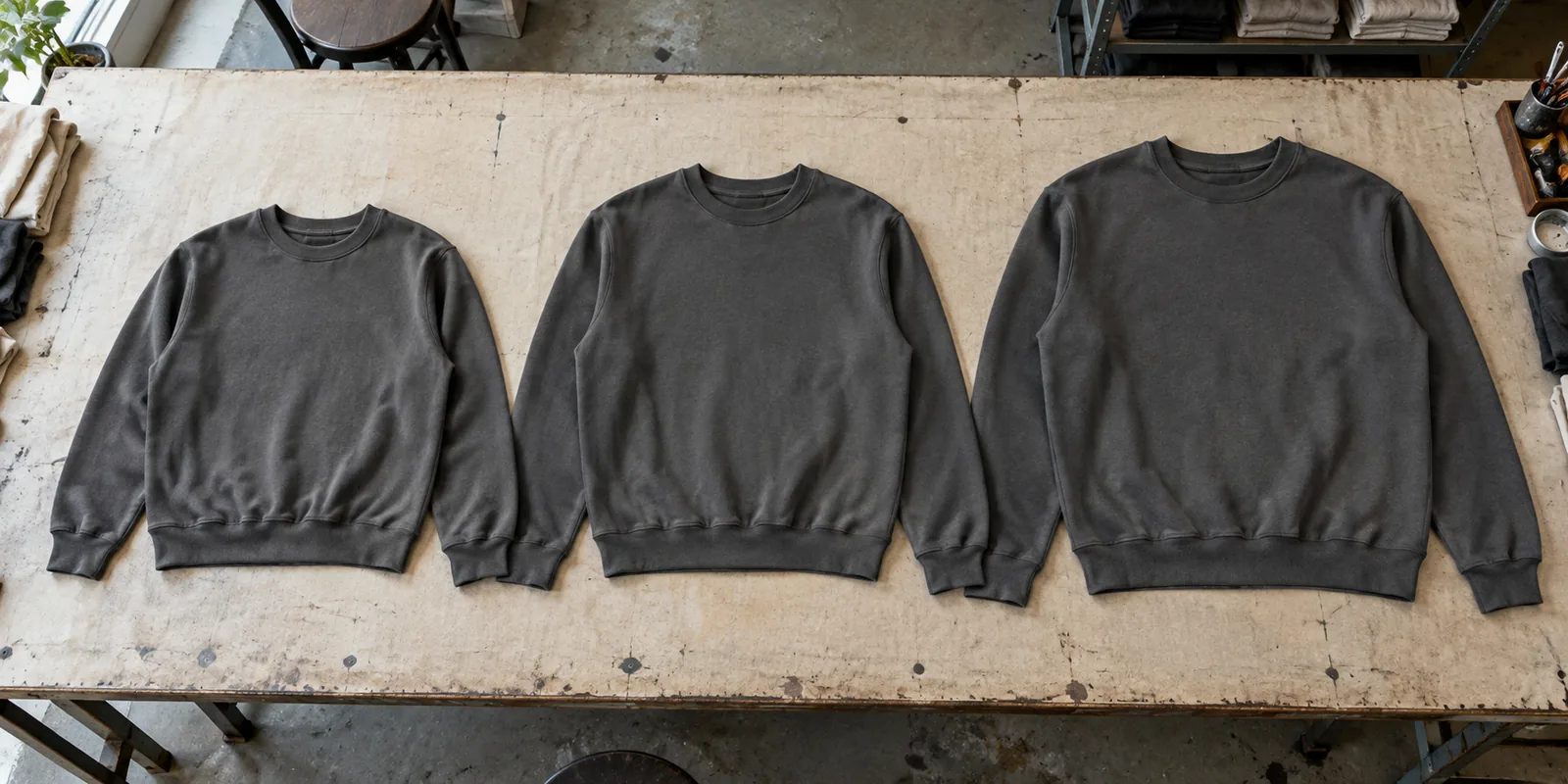 Graded sweatshirt samples arranged from smallest to largest on a sampling table