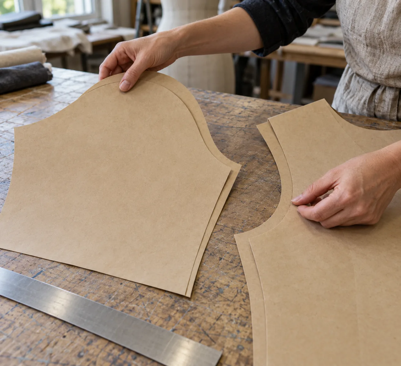 Technician comparing sleeve and armhole pattern pieces at the ends of a size range