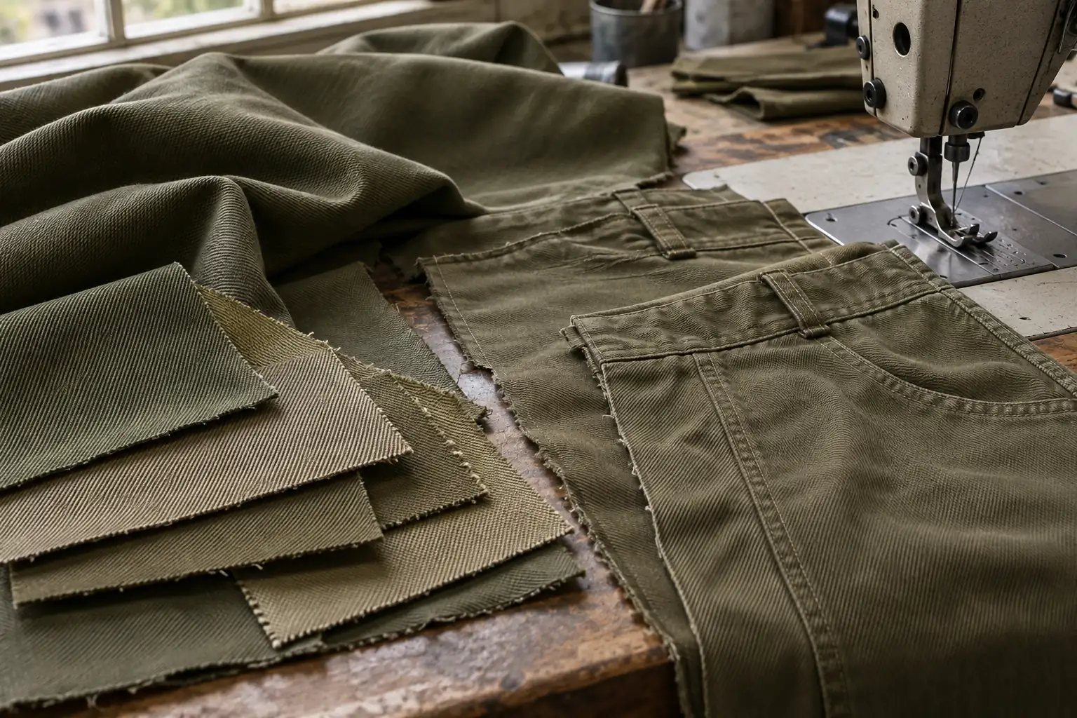 Fabric swatches and matching cut garment panels beside a sample workstation