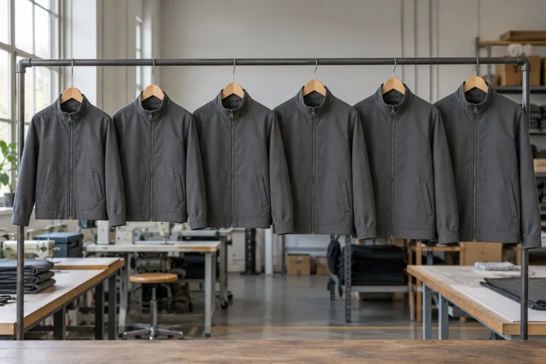 Photorealistic apparel workshop documentary photograph of finished plain zip jackets in progressively larger sizes hangi