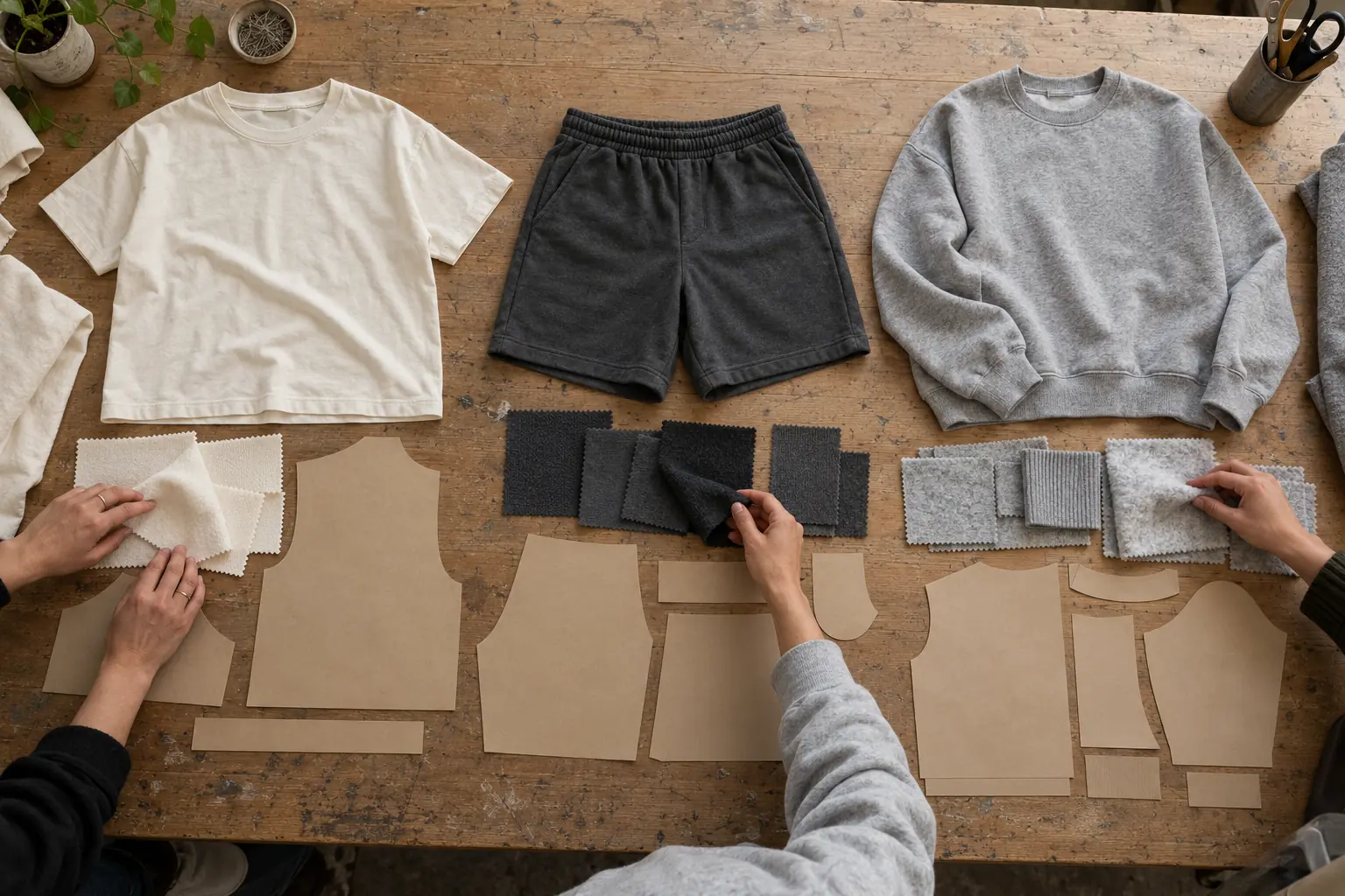 Different garment samples arranged beside their corresponding fabric swatches on a development table