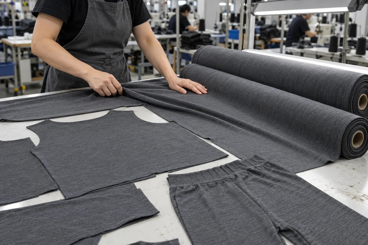 Matching jersey fabric rolls and cut panels being compared at a fabric inspection table