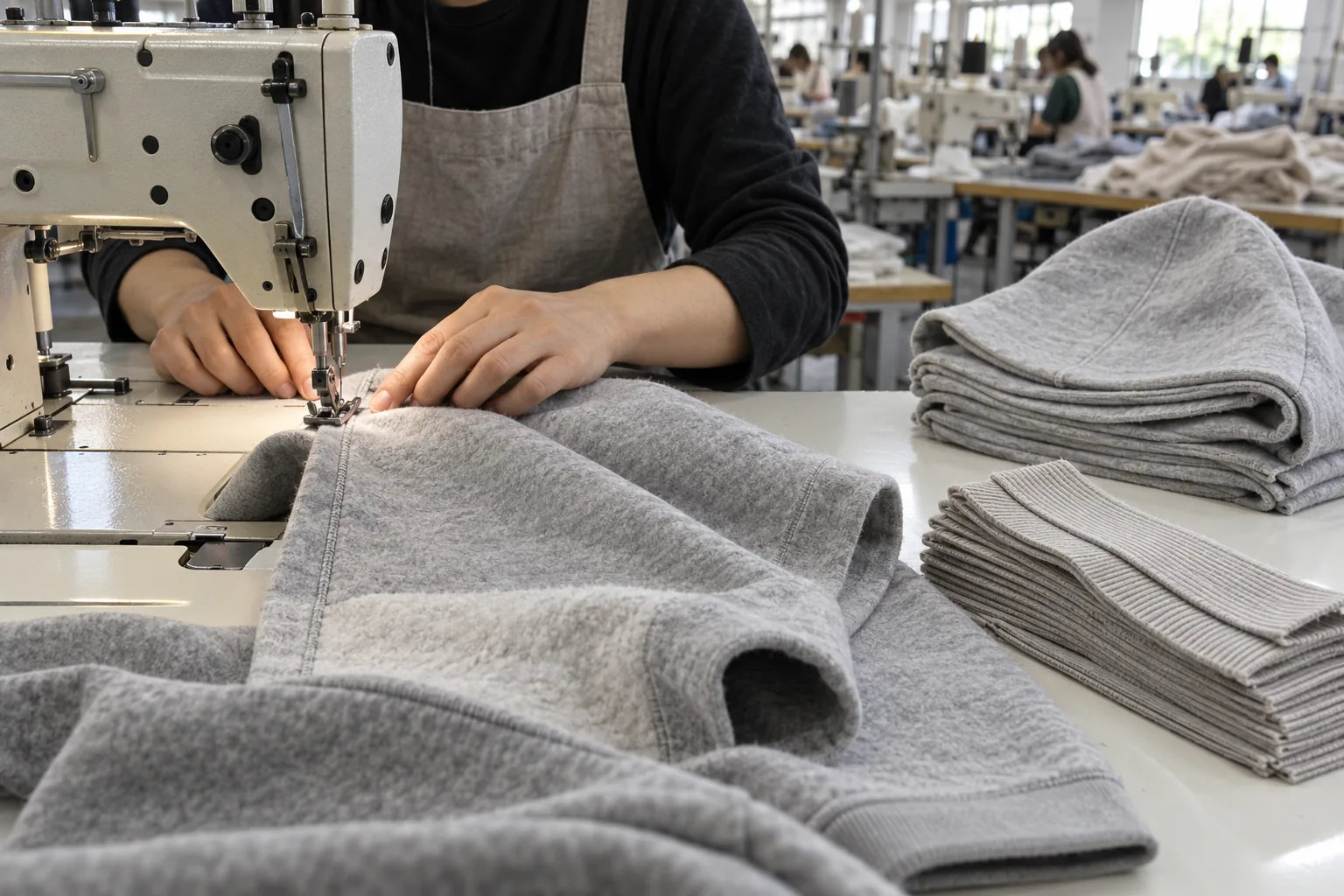 Sewing operator joining sweatshirt panels with separate bundles of crewneck and hooded components nearby