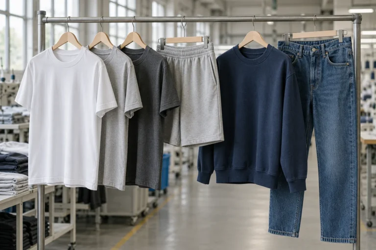 Photorealistic apparel factory documentary photograph of finished unbranded jersey tees and matching shorts hanging besi
