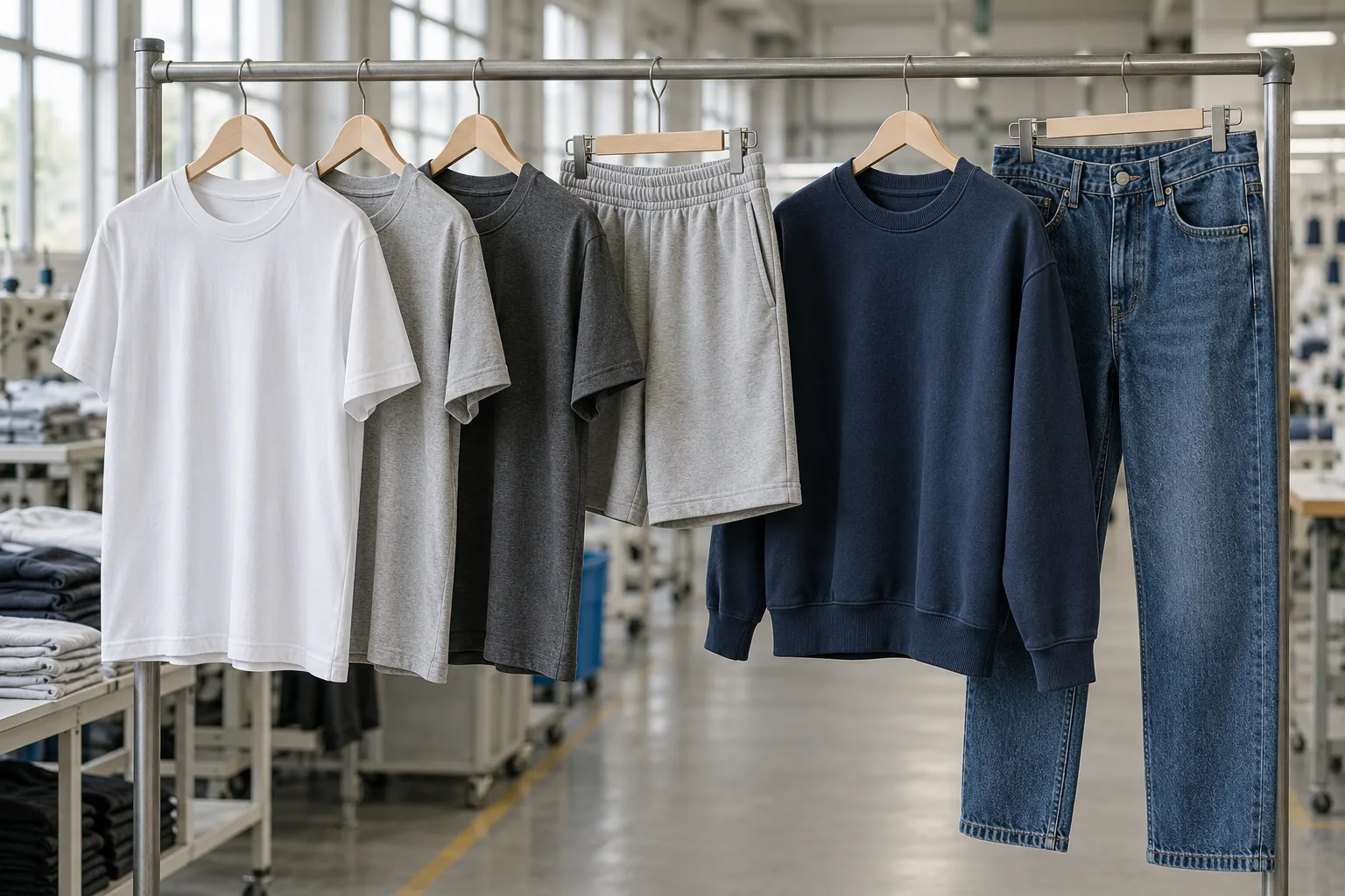 Photorealistic apparel factory documentary photograph of finished unbranded jersey tees and matching shorts hanging besi