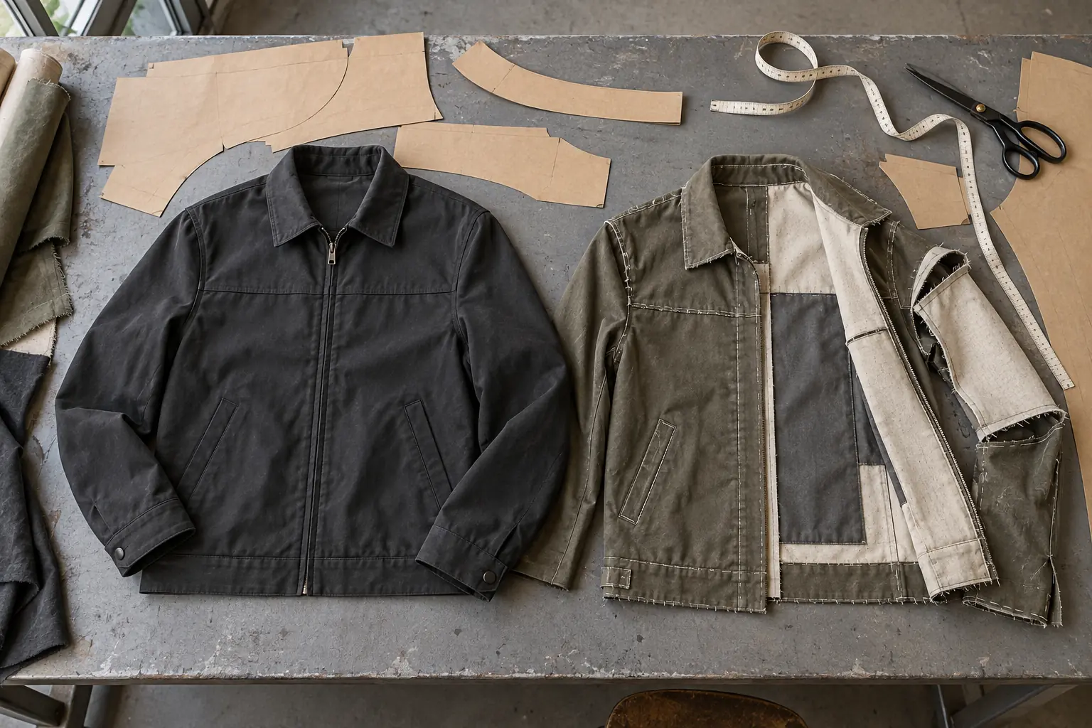 Two development garments laid out for separate appearance and measurement reviews
