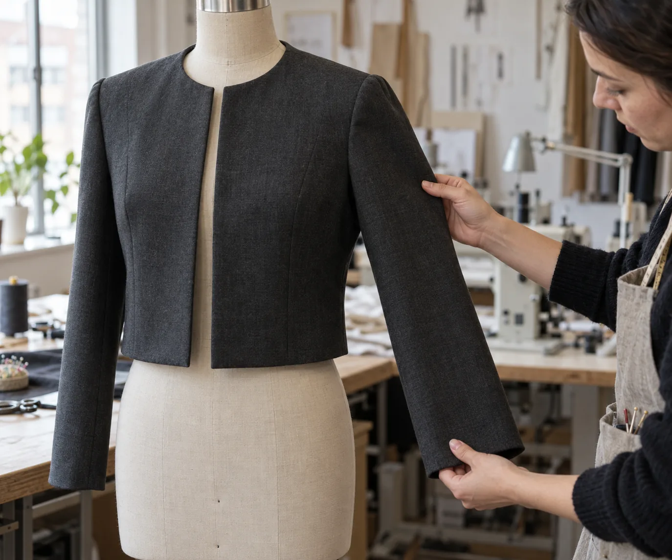 Technician checking a jacket sleeve and shoulder on a dress form