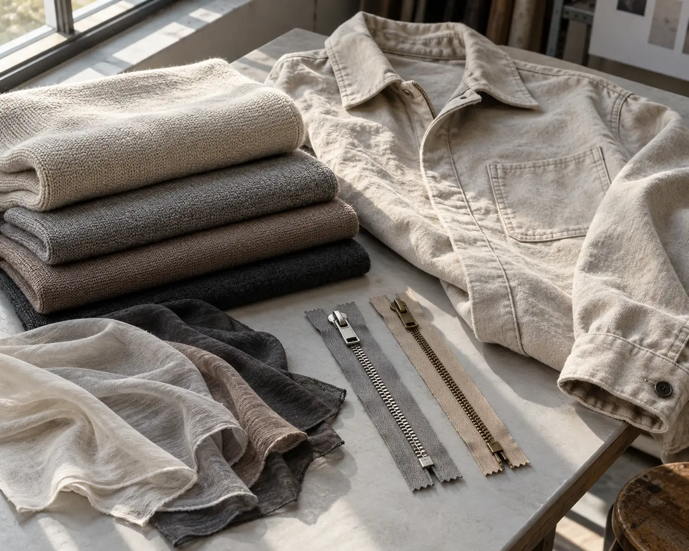 Fabric swatches and zipper options beside a development garment