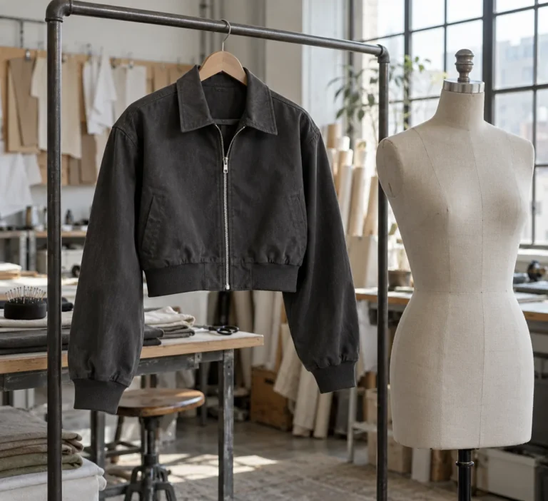 Photorealistic apparel development studio documentary photograph, finished cropped zip jacket on a freestanding rail bes