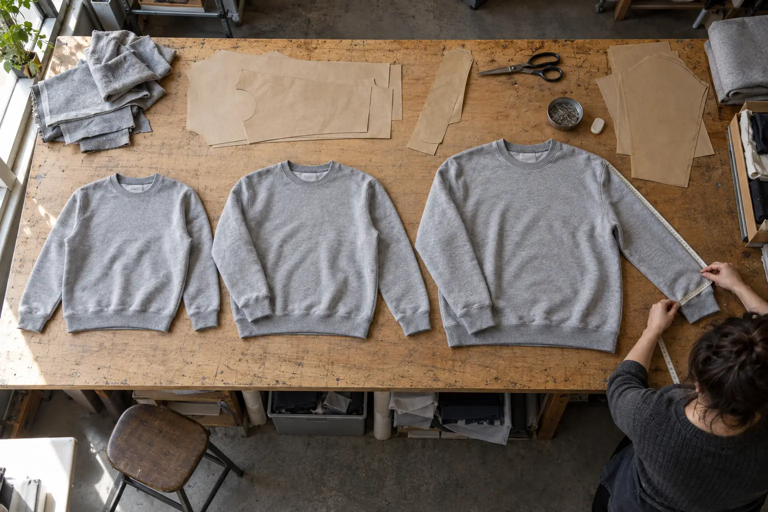 Graded sweatshirt samples arranged across a sampling table