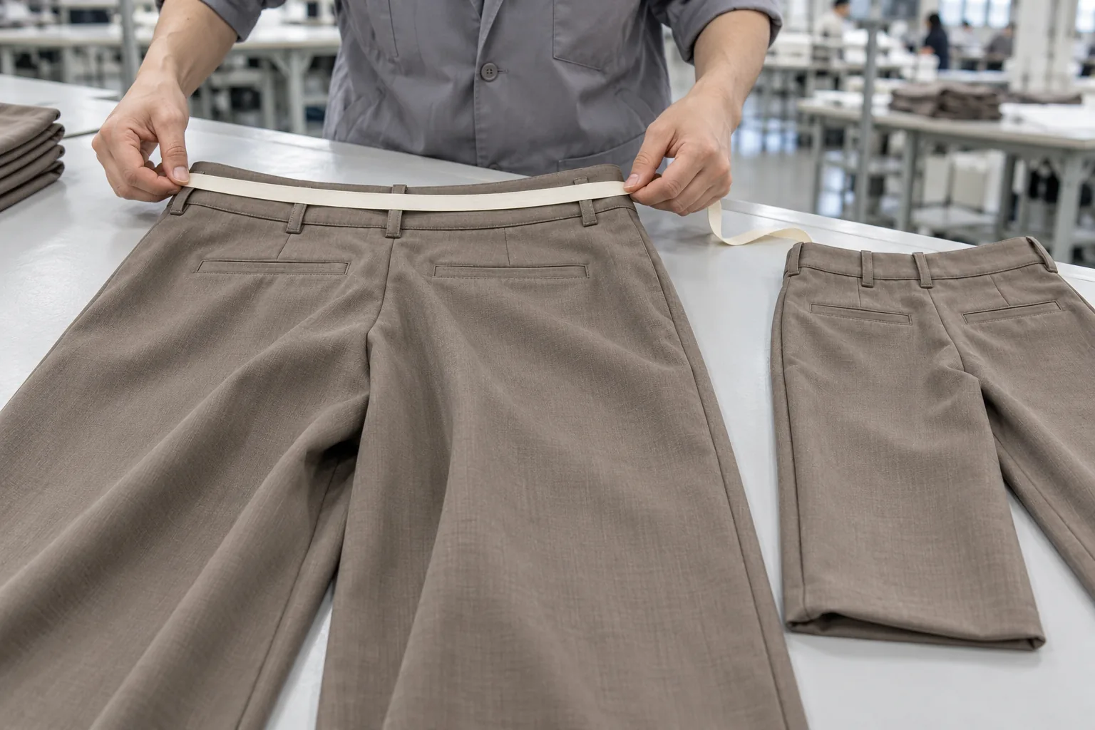 Technician comparing trouser waistband and seat measurements