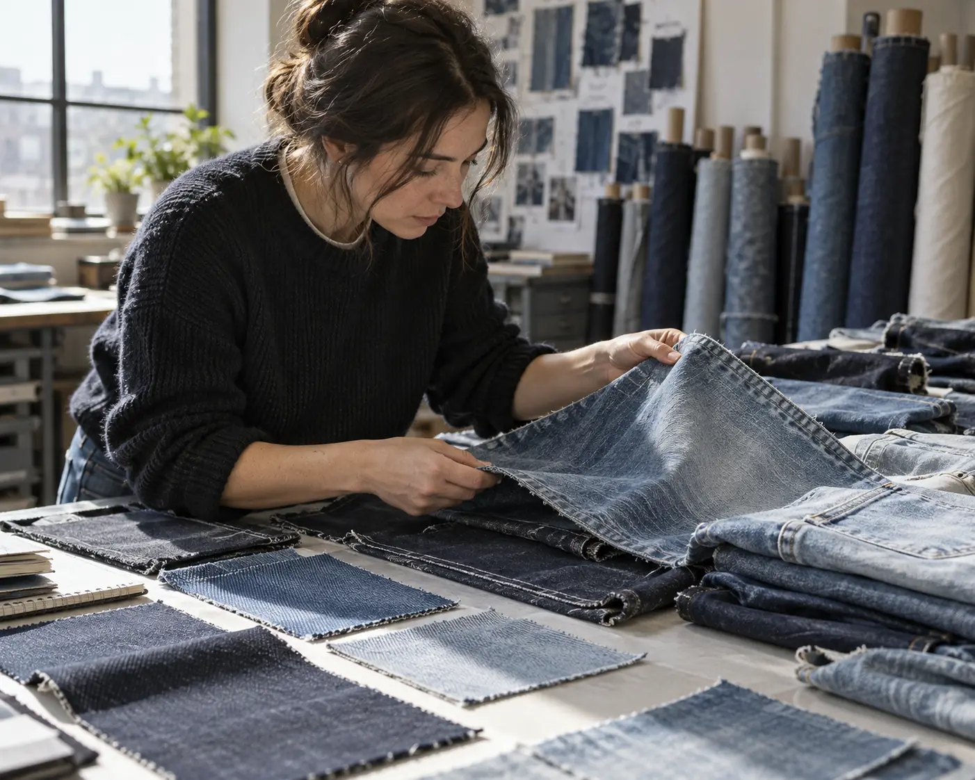 Fabric swatches and washed garment panels inspected in a sampling room