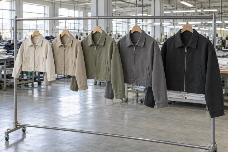 Photorealistic apparel factory documentary photograph of finished unbranded cropped zip jackets in several visibly diffe