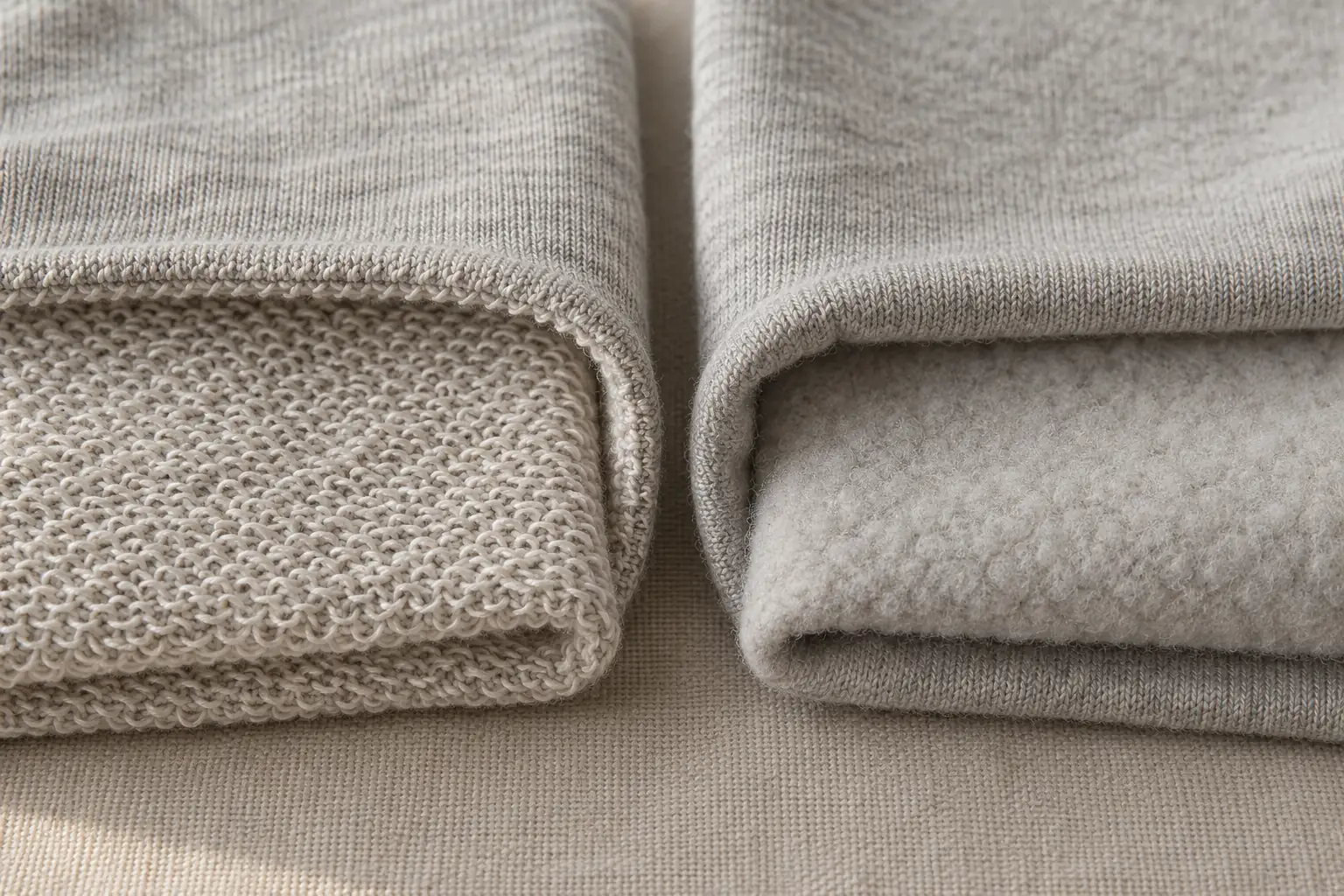 French terry loops beside a brushed sweatshirt fleece interior