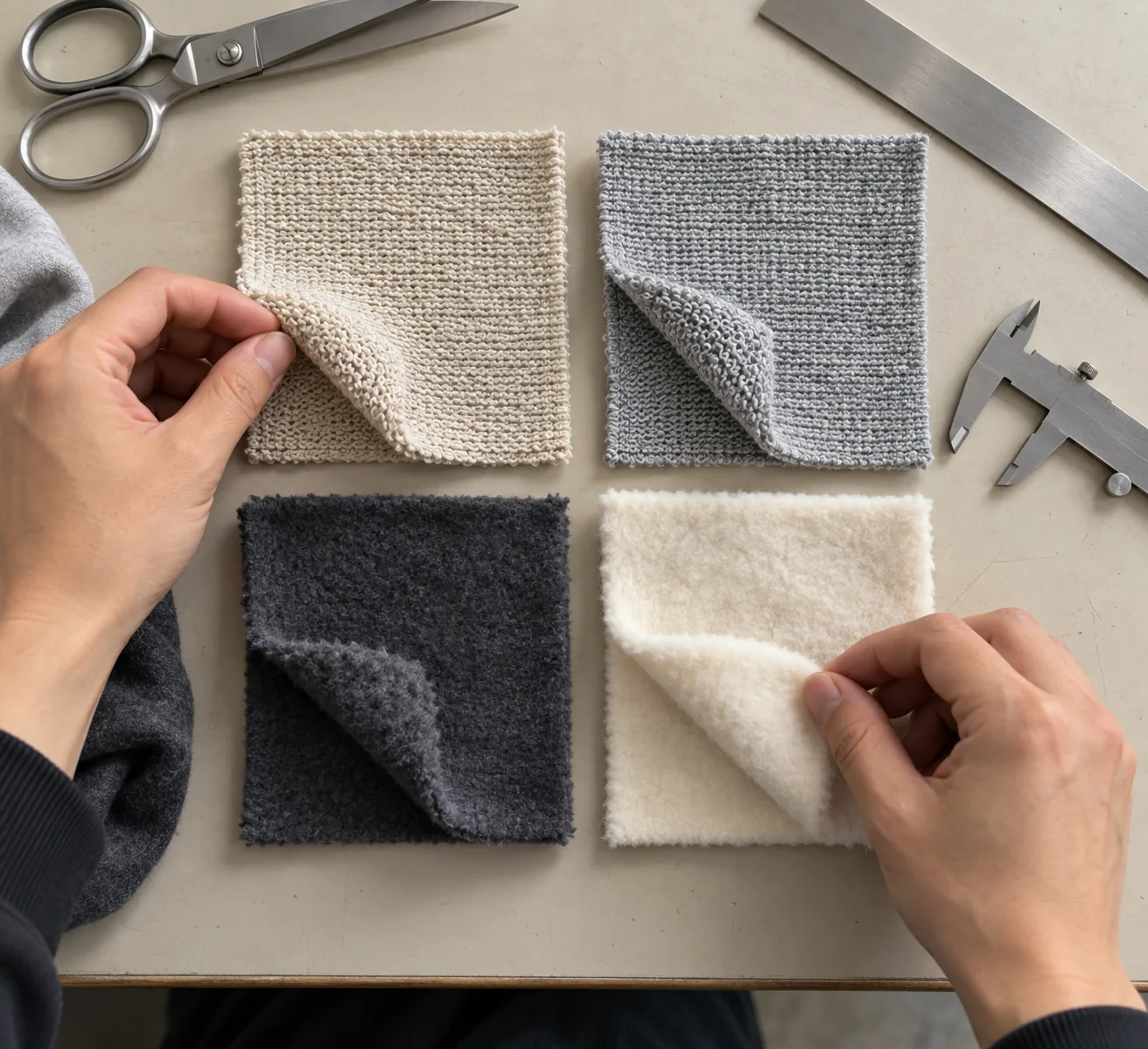 Four hoodie fabric candidates arranged on a sampling table