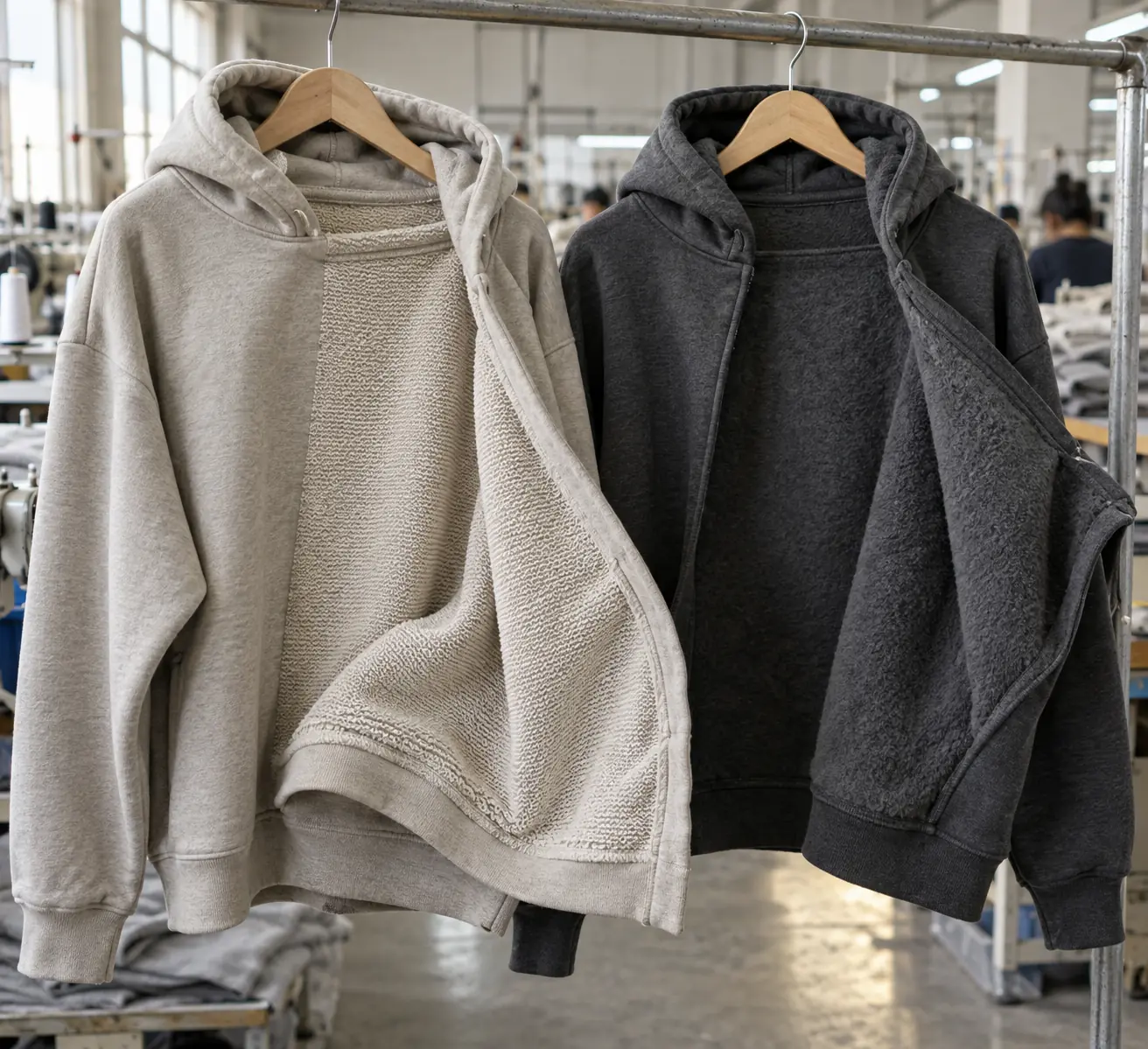 Photorealistic apparel documentary photograph of two finished unbranded hoodies in muted stone and charcoal on a garment