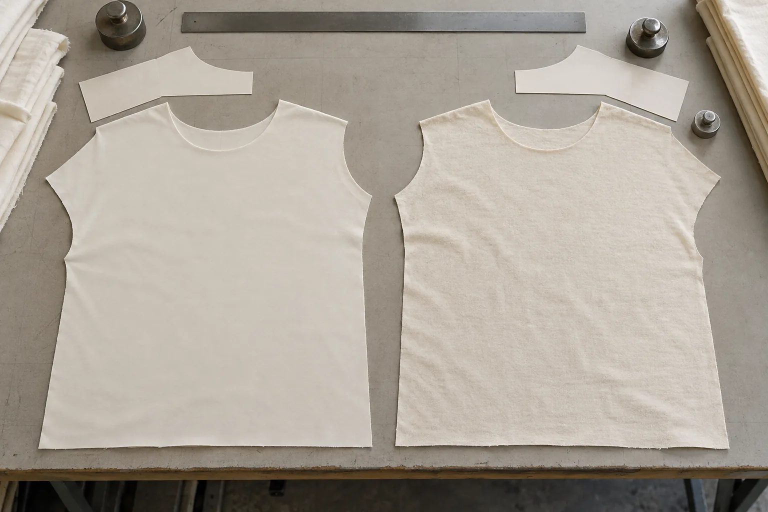 Matching T-shirt sample panels and shoulder patterns arranged on a sampling table