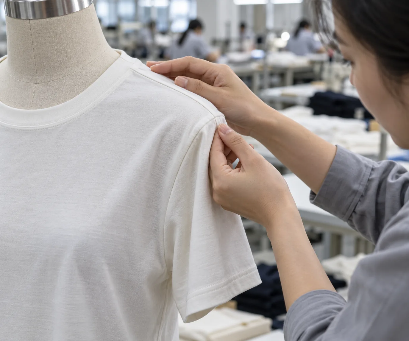 Quality inspector examining a cotton T-shirt shoulder seam on a dress form