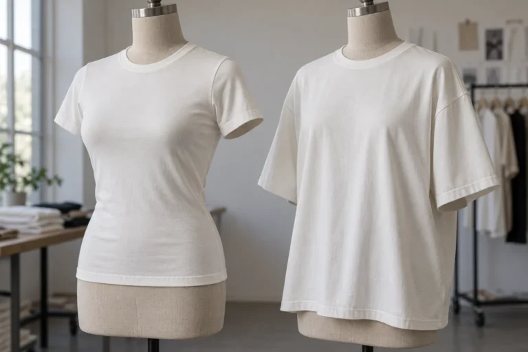 Photorealistic garment documentary photograph of two finished unbranded cotton T-shirts on adjacent neutral torso forms,