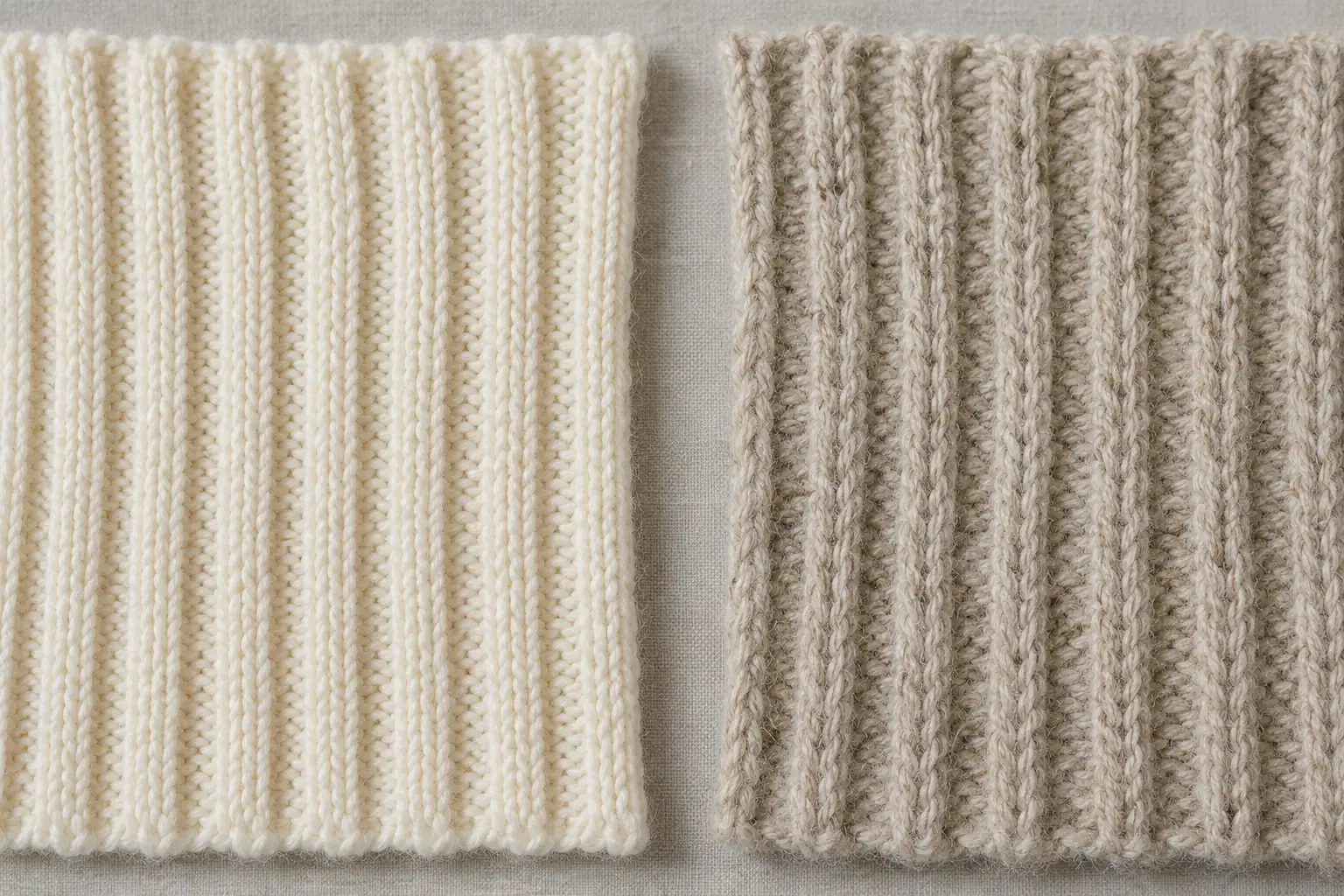 Close comparison of cotton rib swatches with visible knitted columns