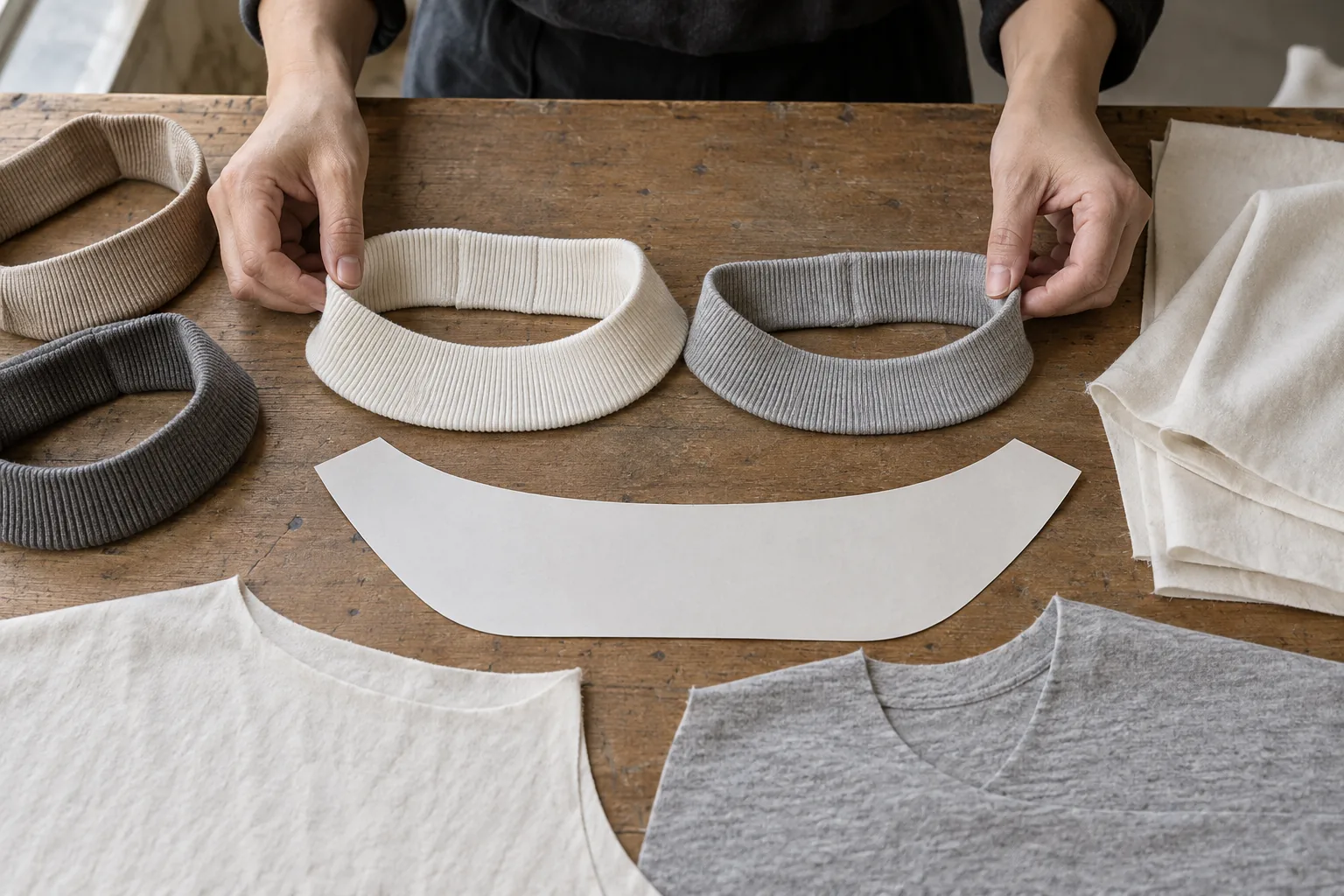 Rib neckband samples laid beside a garment pattern on a sampling table