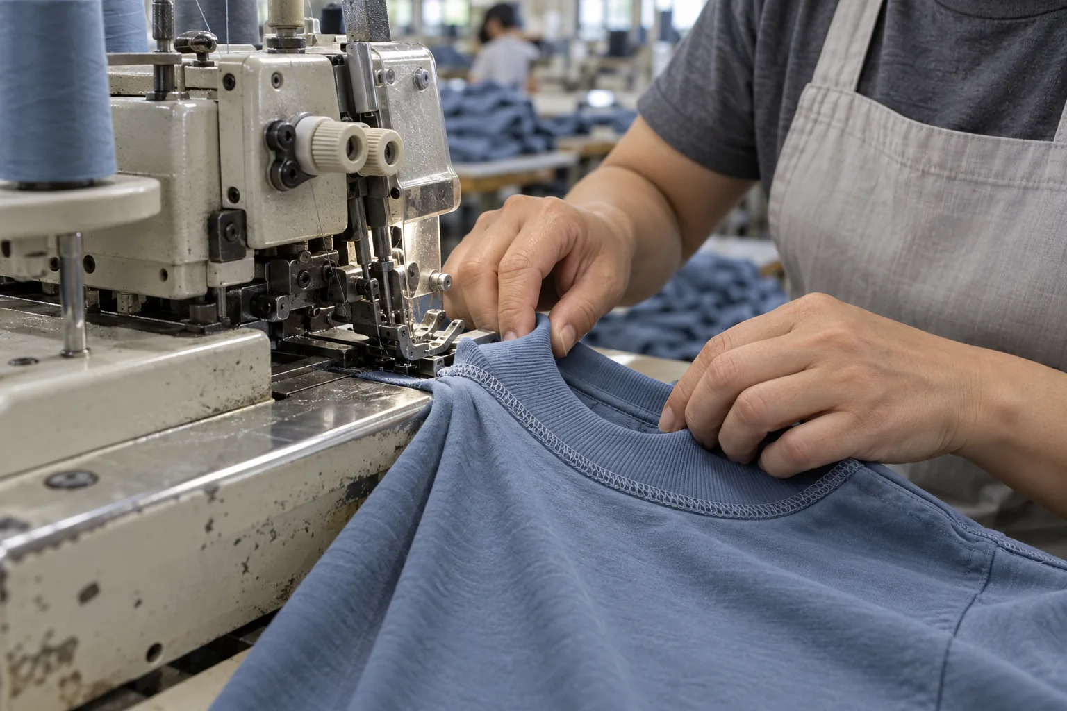 Operator attaching a cotton rib neckband to a jersey garment