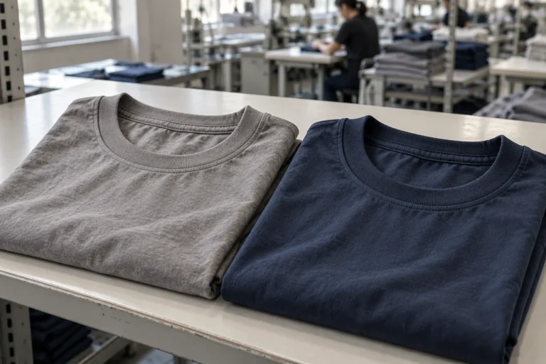 Photorealistic apparel factory documentary photograph of two unbranded finished cotton T-shirts in warm gray and muted n