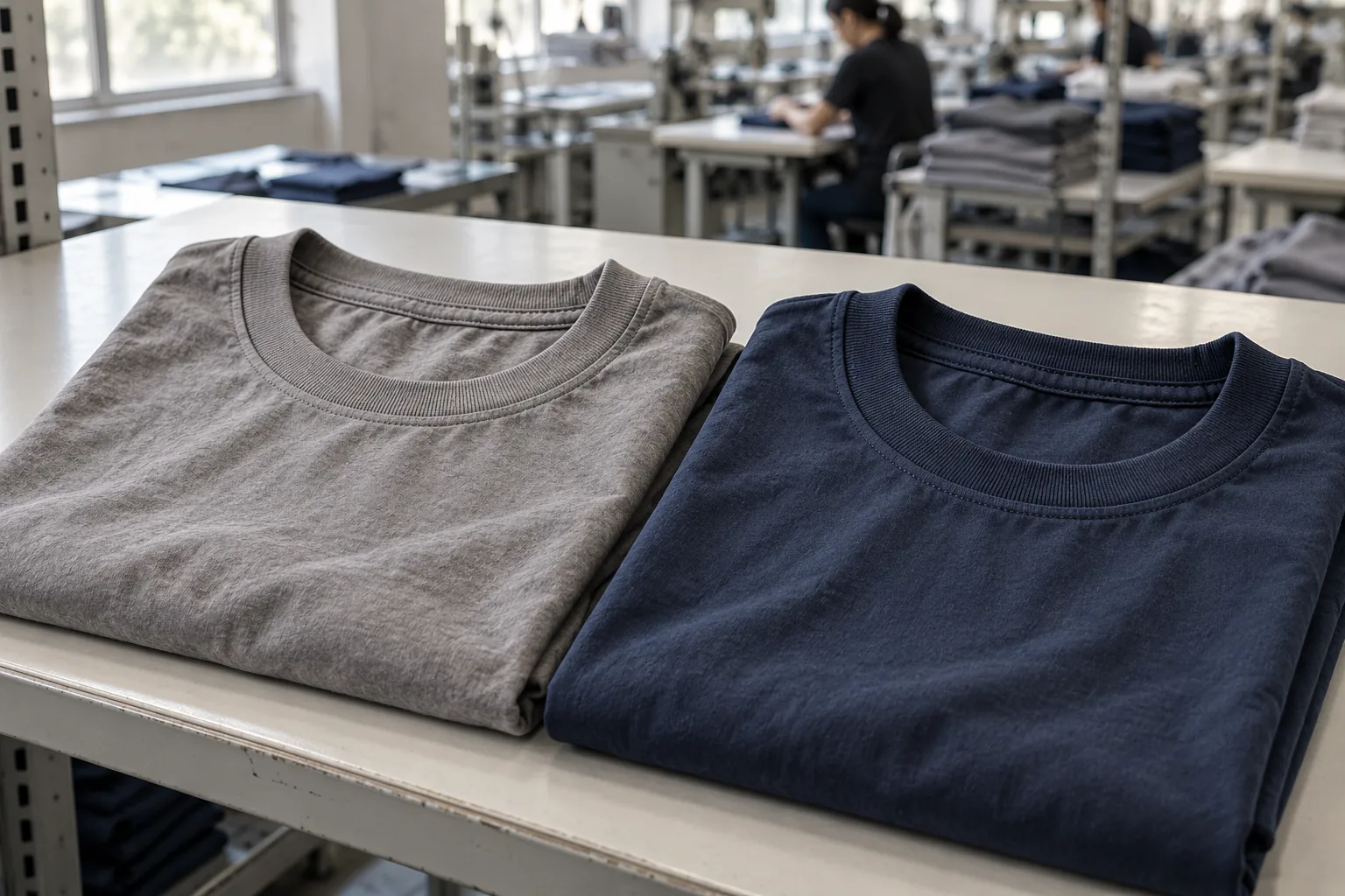 Photorealistic apparel factory documentary photograph of two unbranded finished cotton T-shirts in warm gray and muted n