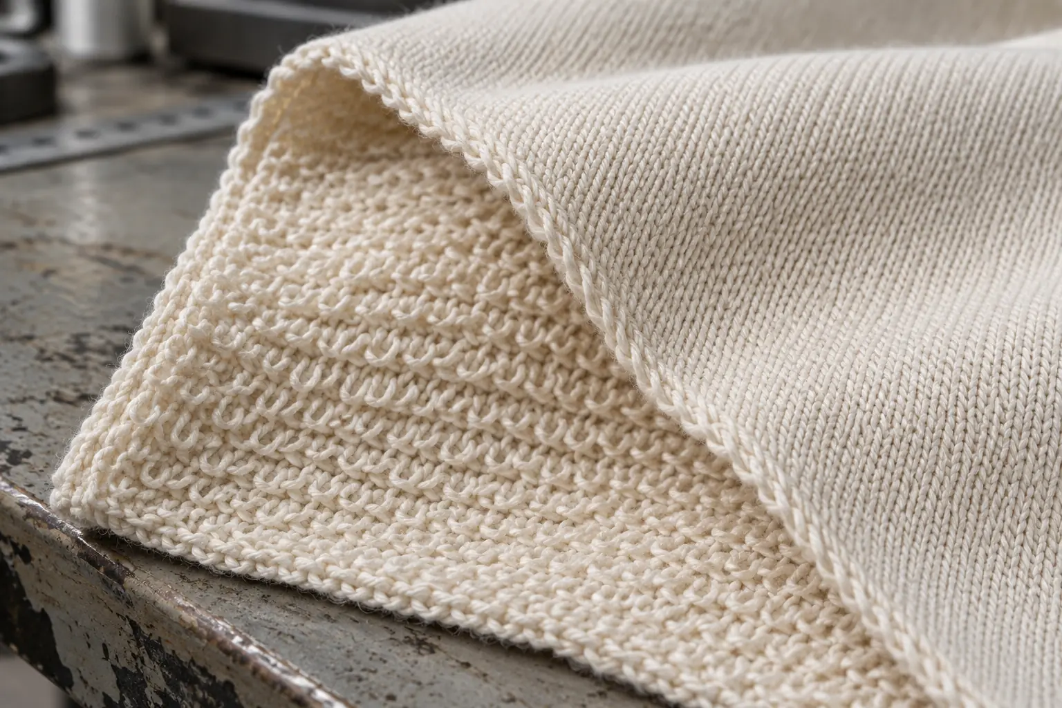 Close view of smooth fabric face folded back to reveal unbrushed terry loops
