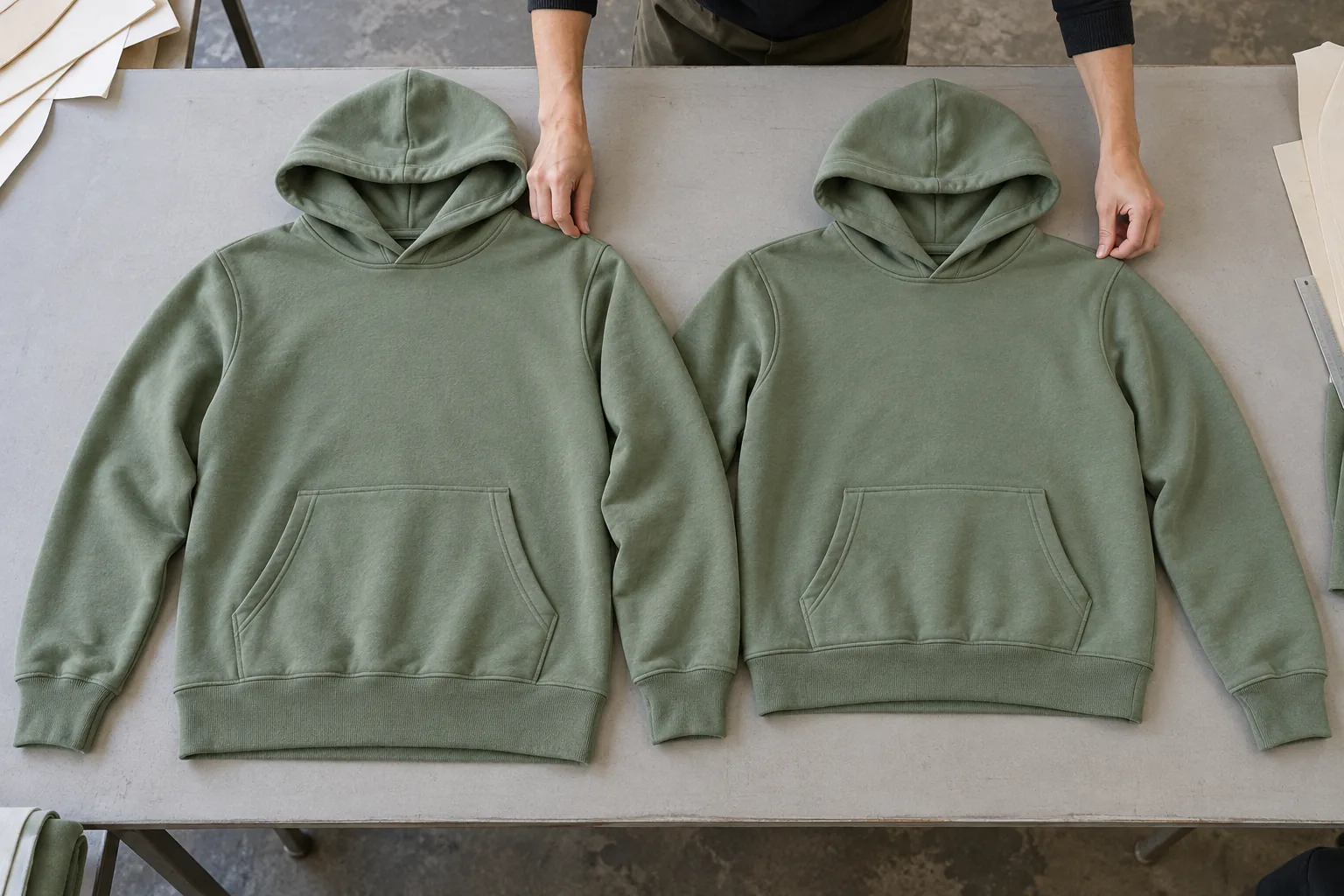 Matched hoodie samples laid flat for measurement before and after laundering