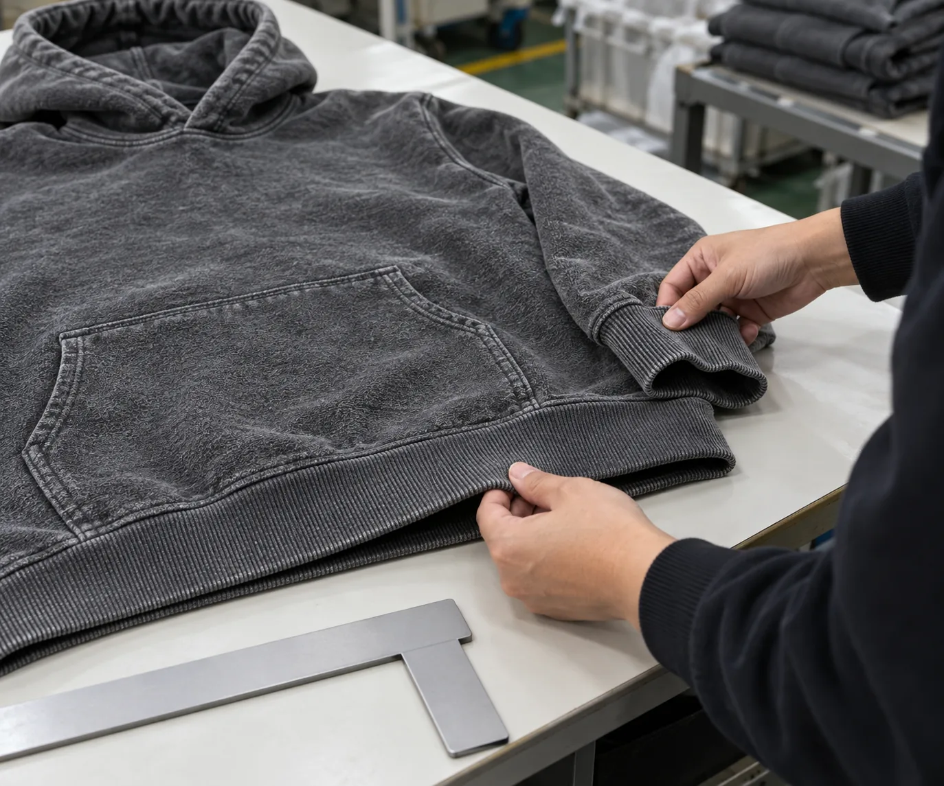 Quality inspector checking the hem and sleeve dimensions of a washed terry hoodie
