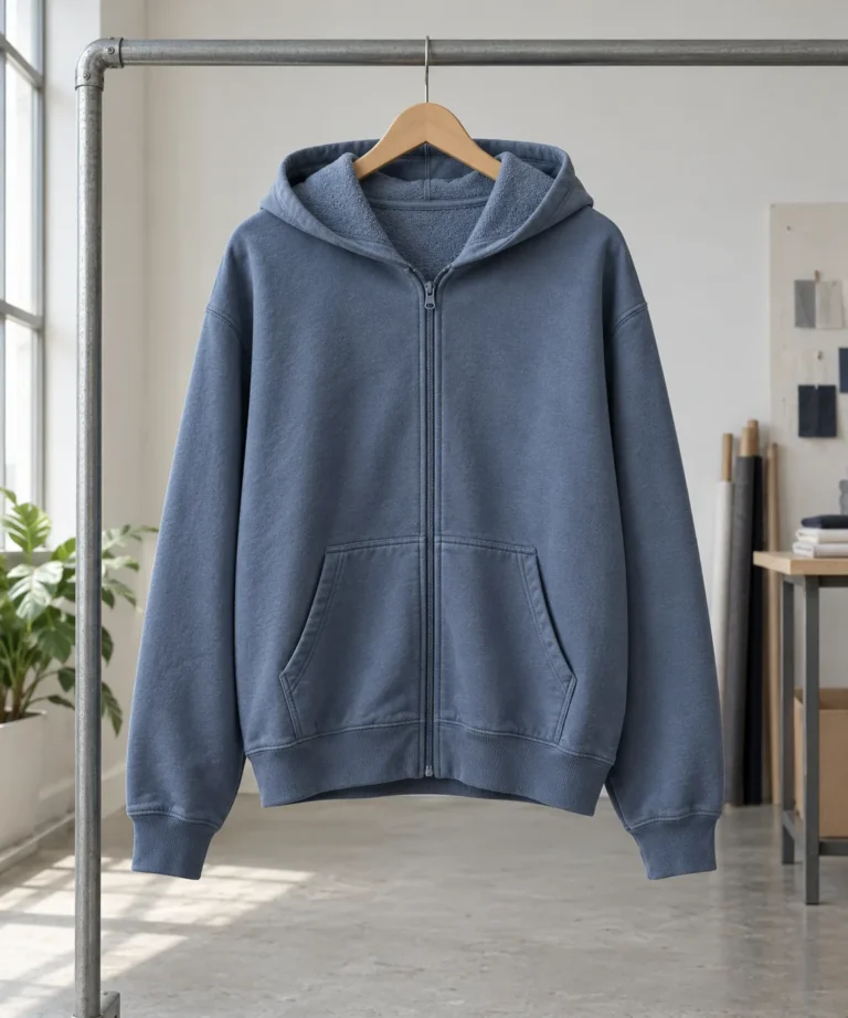 Photorealistic apparel documentary photograph of a finished unbranded slate blue zip hoodie hanging naturally on a plain