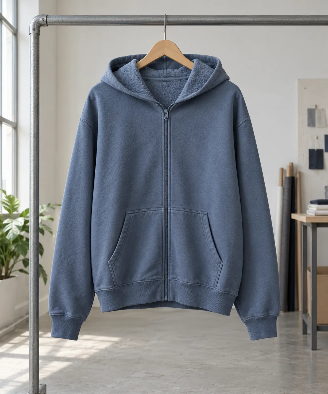 Photorealistic apparel documentary photograph of a finished unbranded slate blue zip hoodie hanging naturally on a plain