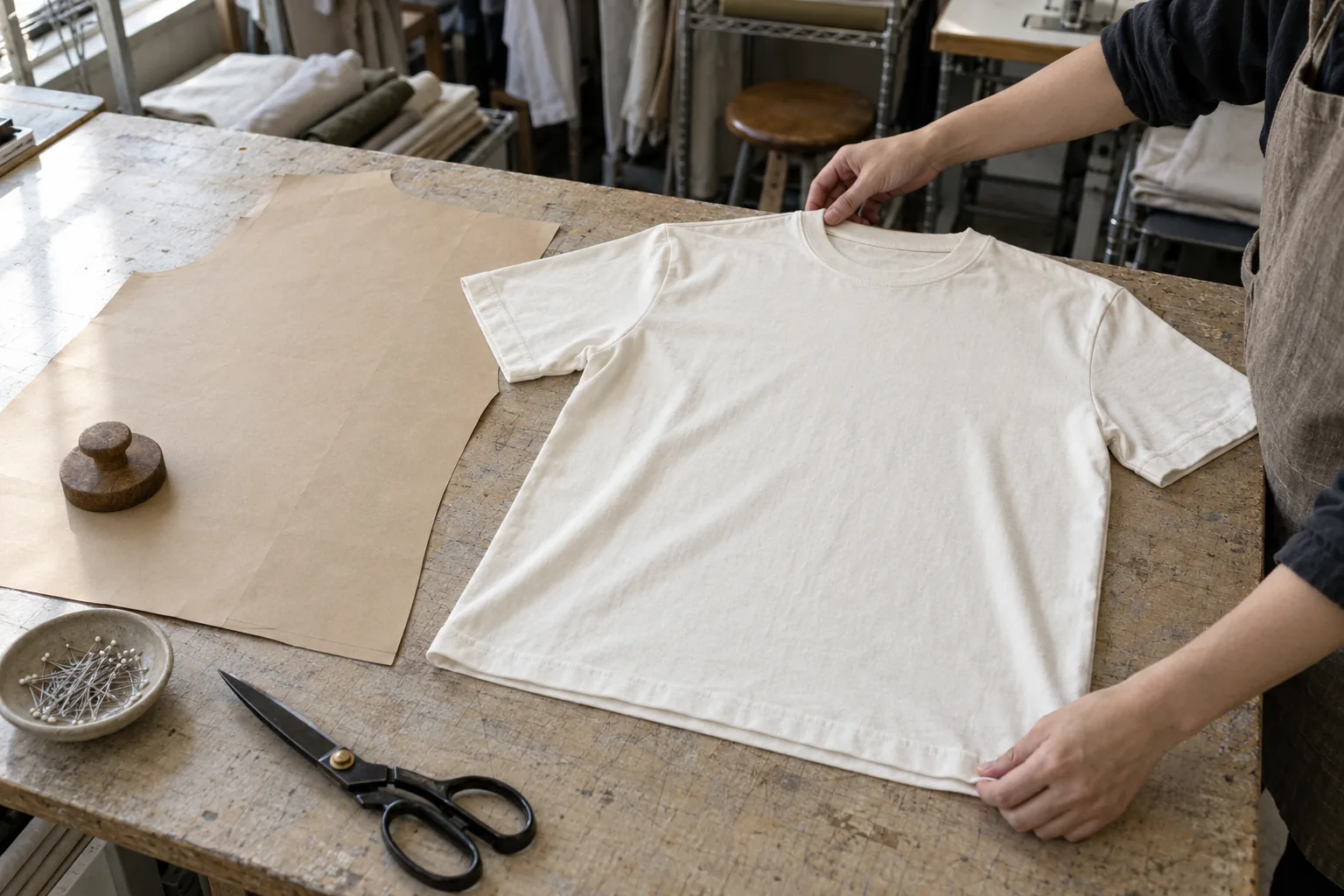 Sample tee laid flat beside its reference pattern at a fit approval table
