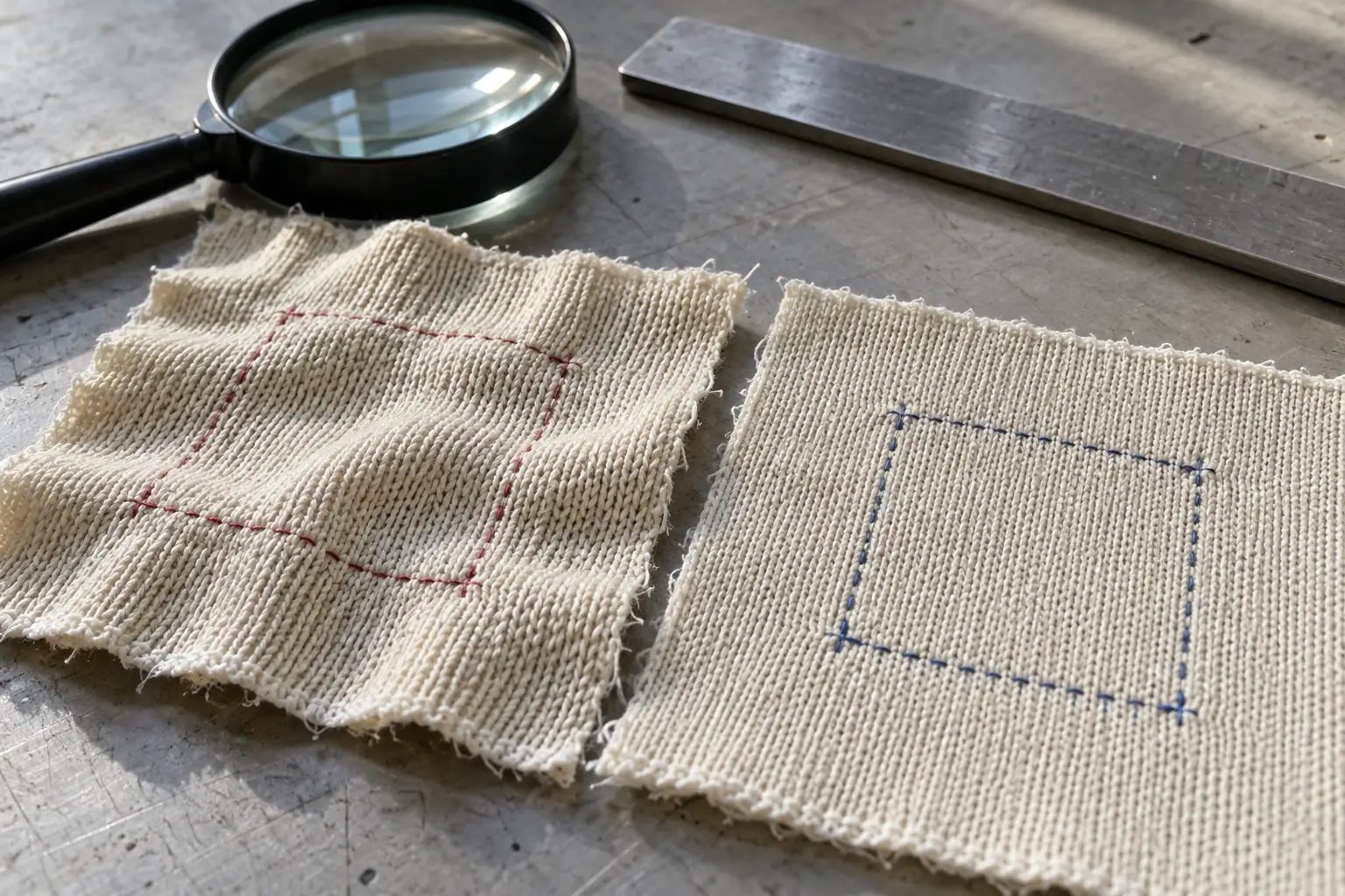 Cotton fabric swatches with thread reference marks on an inspection table
