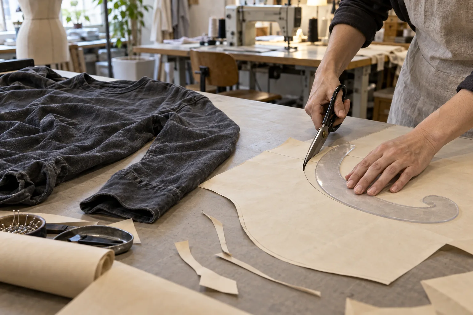 Pattern maker adjusting a sleeve pattern beside a washed garment sample