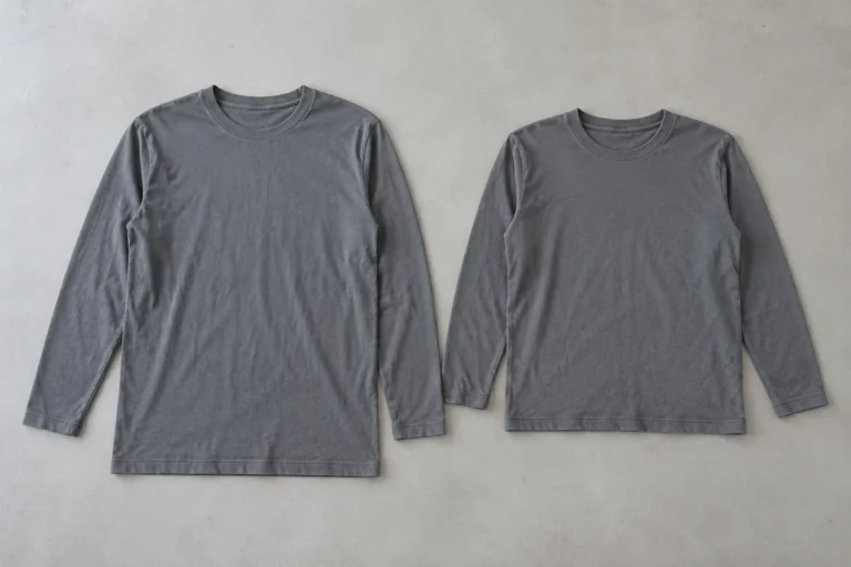 Photorealistic apparel factory documentary photograph of two finished plain slate cotton long-sleeve tees laid flat side