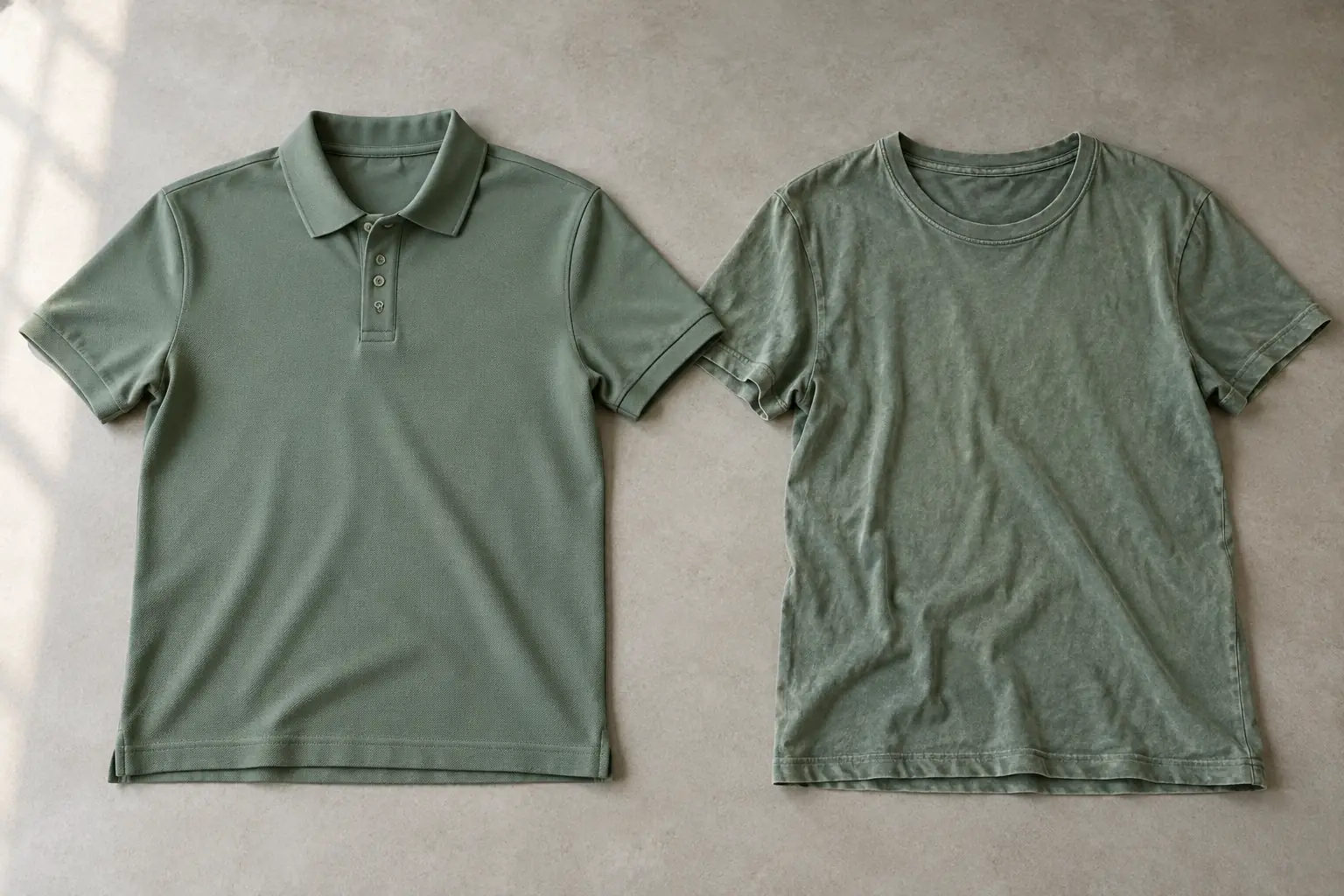 Cotton polo and washed tee laid out for a product approval comparison
