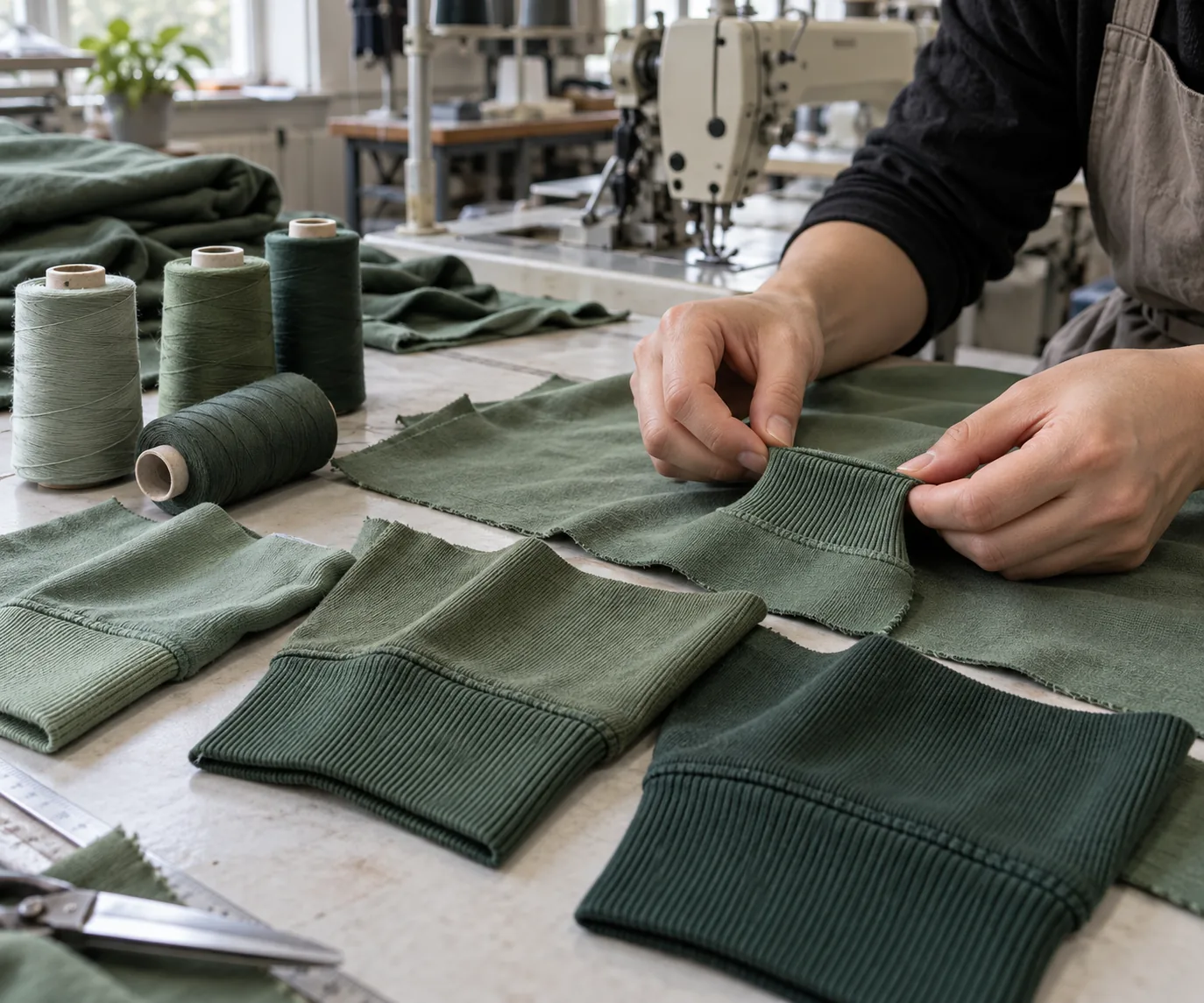 Sampling table with cotton body fabric and rib components paired for color evaluation