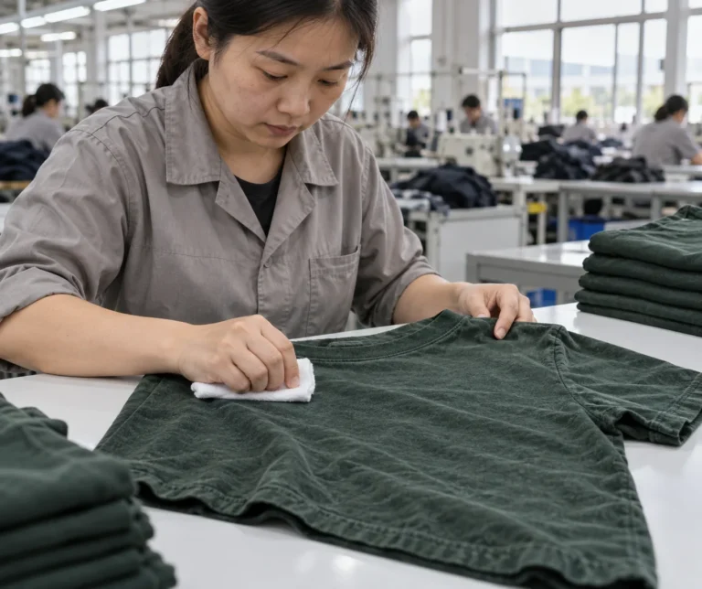 Photorealistic apparel factory documentary photograph of a quality inspector checking a washed dark green cotton tee wit