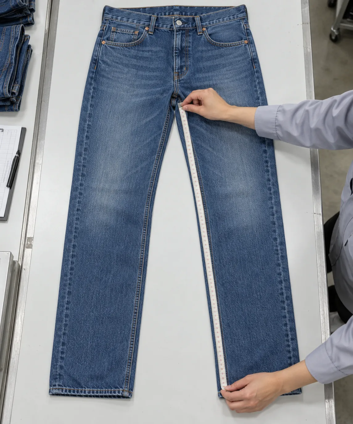 Denim trousers laid flat for finished waist and inseam measurement