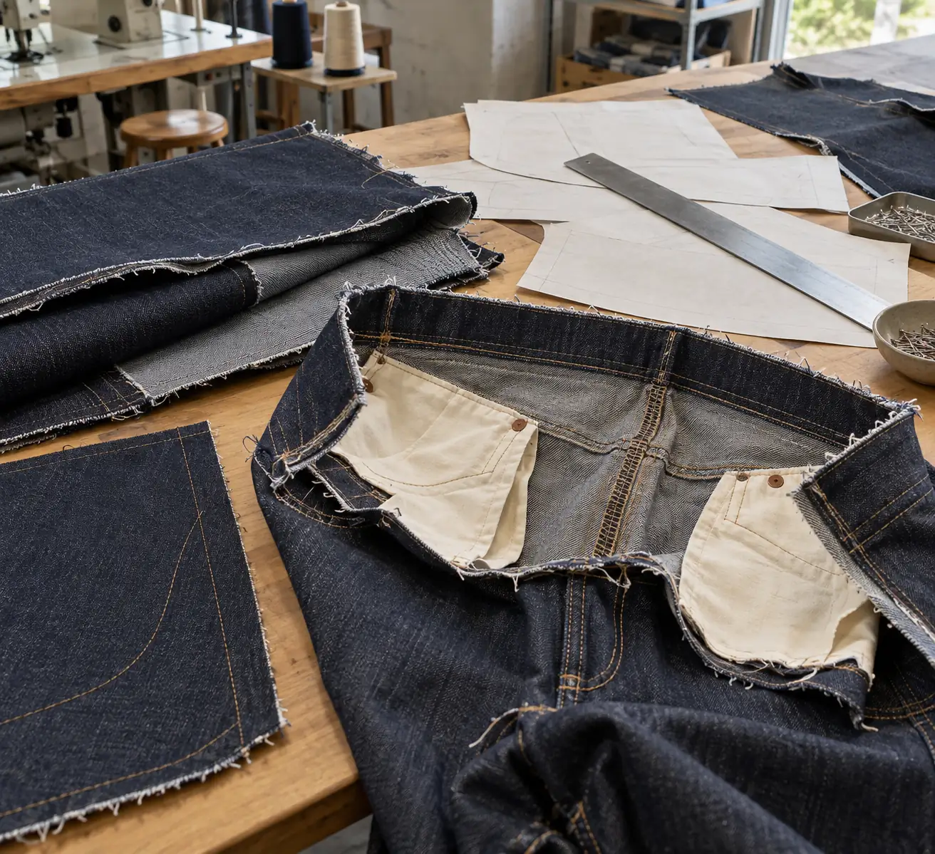 Sampling table with denim panels, trousers and measurement tools
