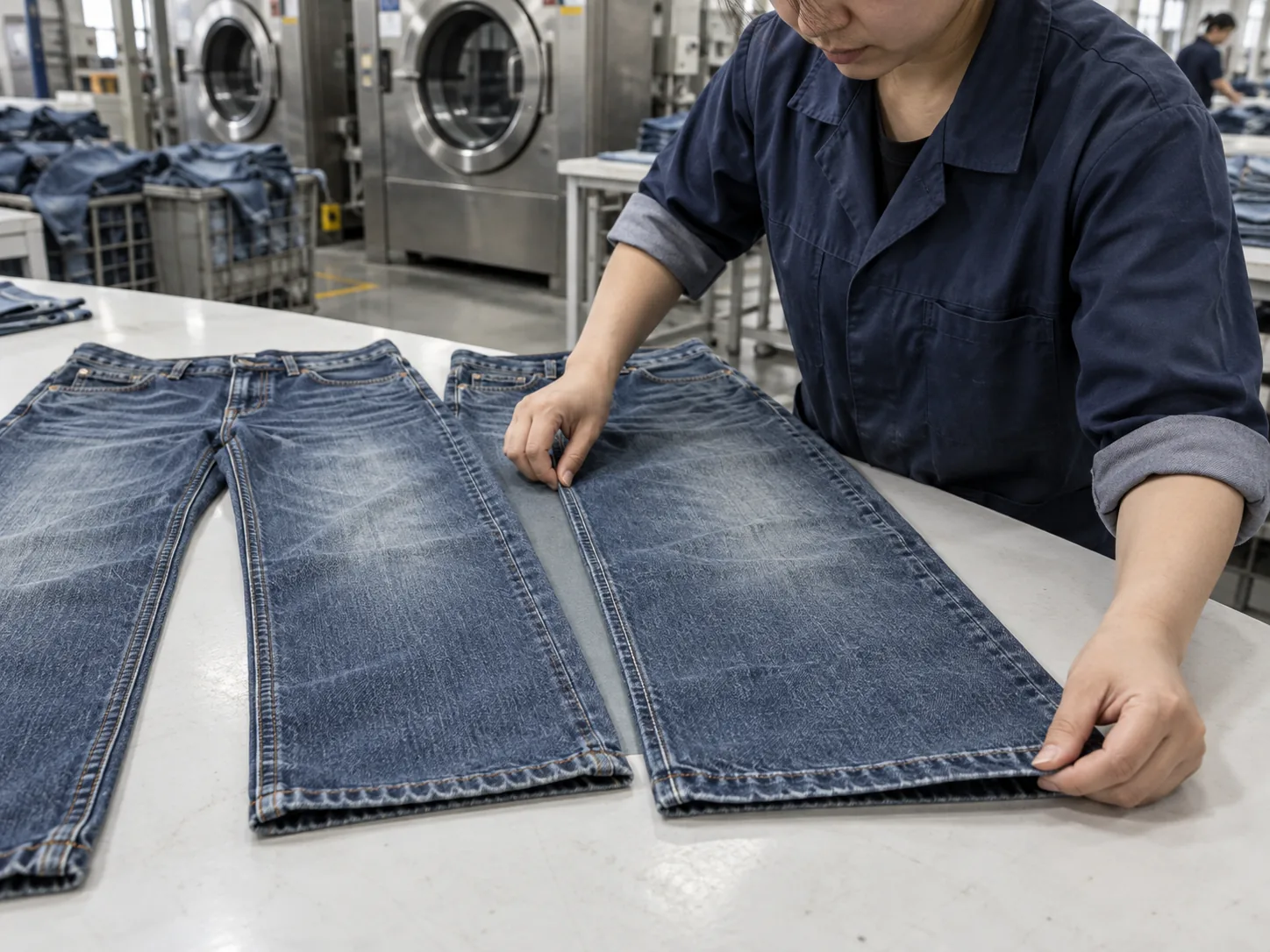 Technician comparing two washed denim samples on a quality control table