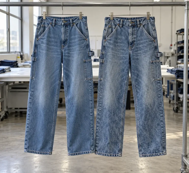 Photorealistic documentary photograph of two finished relaxed denim carpenter trousers hanging side by side in an appare