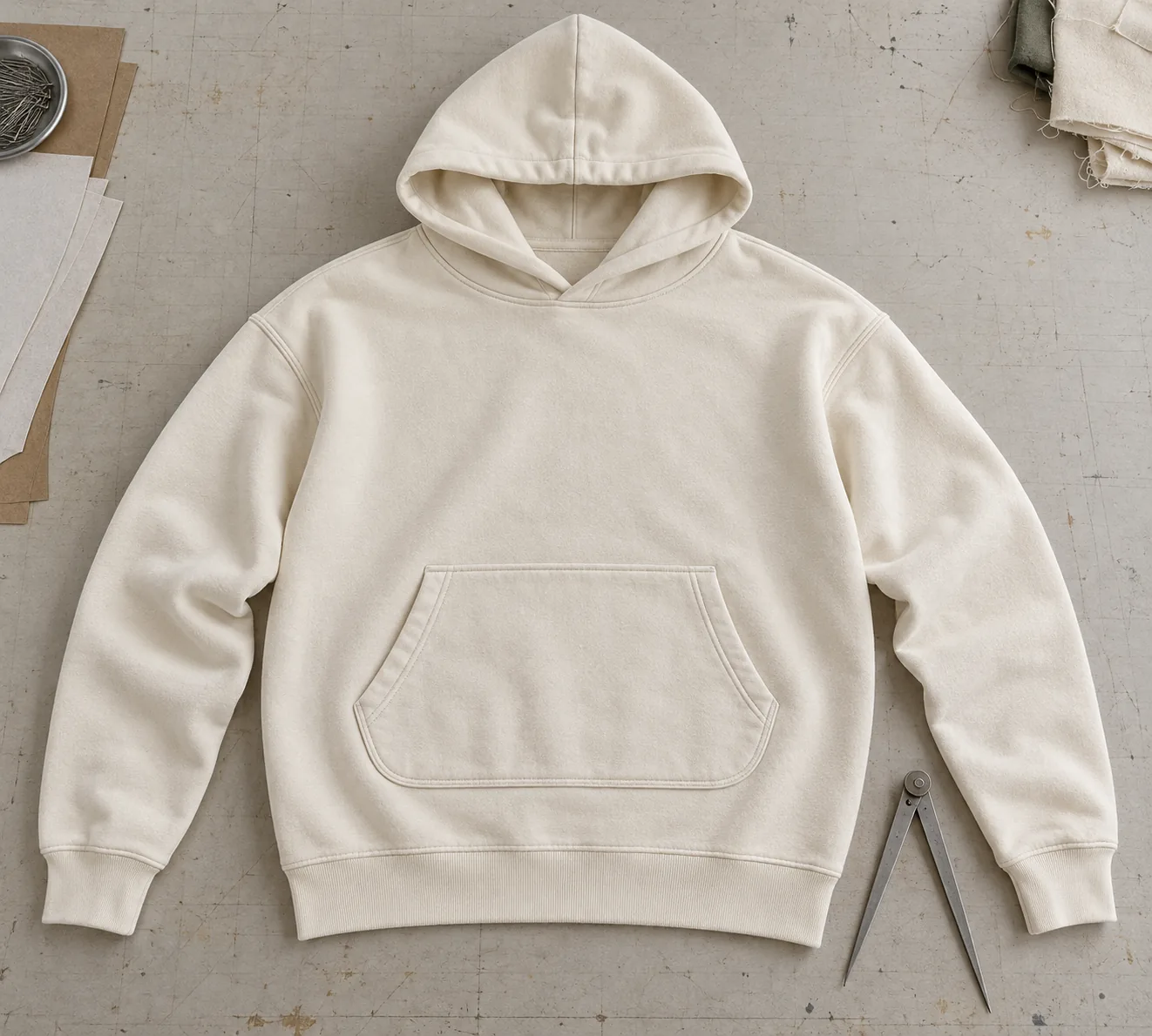 Hoodie front on a sampling table showing pocket clearance above the rib waistband