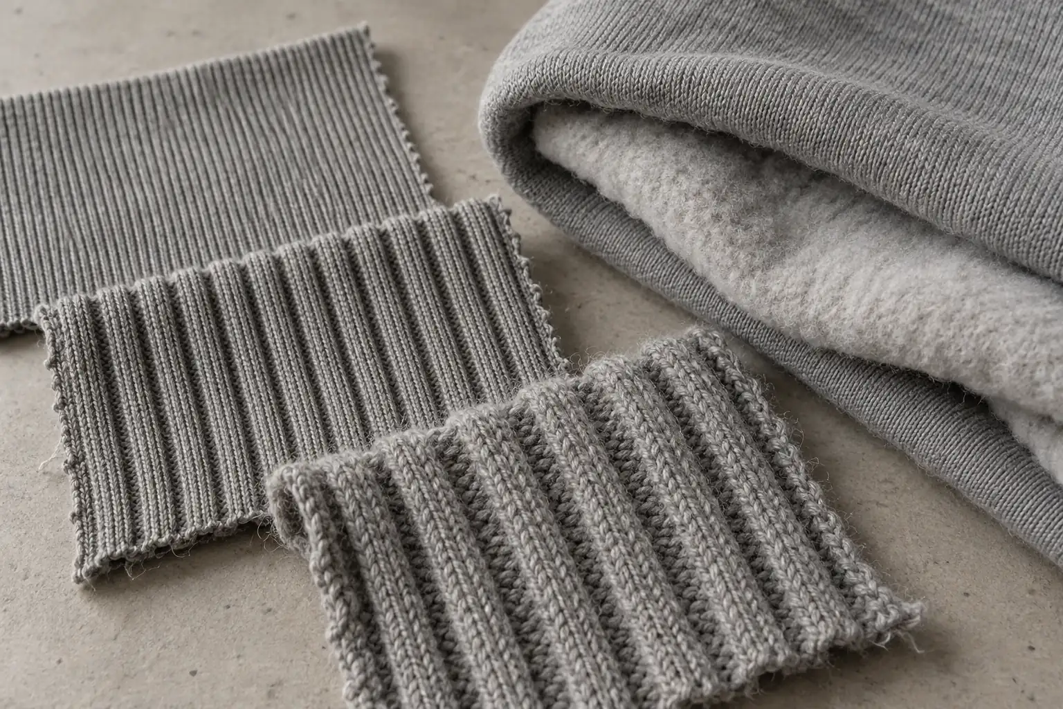 Rib-knit swatches beside hoodie fleece for material comparison